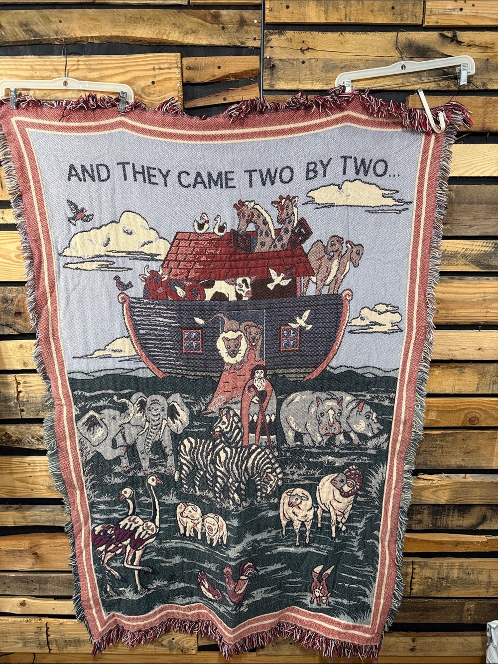 Vtg 90’s Large Baby Blanket Noah's Ark "And They Came Two By Two 45x60 Fringed